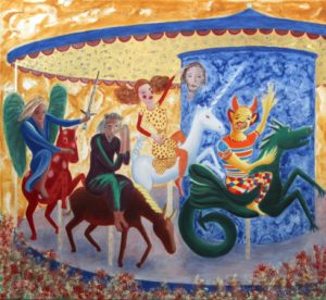 Evolution of a Myth No. 9, Carousel: Time to Change the Gods, mineral pigments, devil, Christ, Salome, Saint Michael, mineral pigments
