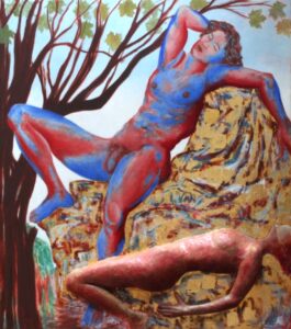 Michael Price, New York figurative artist, Based on my drawings of the Barberini Faun in the Munich Glyptothek Museum over a number of years when I lived in Munich, the juxtaposition here is to represent the male figure as the archetypal lover.