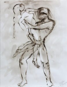 Study for the Rape of Medusa with Poisedon further examines the Greek myth. This work on paper is with bistre ink.