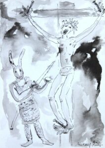 Crucifixion with Hare. Chinese ink and wash on paper.