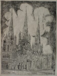 Lichfield Cathedral. Dry-point etching. 1965.