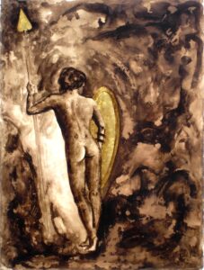 Parsifal. Bistre ink, wash, cinnabar and gold leaf on Fabriano paper.