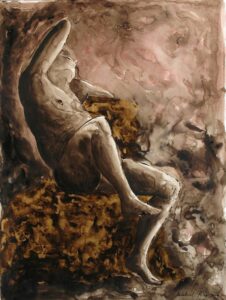 The Barberini Faun. 2009. Bistre ink, wash, cinnabar and gold leaf (24 carat) on Fabriano paper.