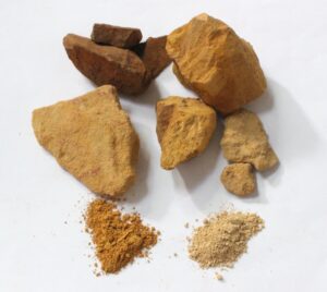 Yellow ochres as rocks and pigment from Maine, southern Utah and southern France.