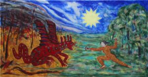 Ines Battles the Dragon of Climate Change, gold leaf, mineral pigments, lapis lazuli, cinnabar, tempera, resins, oils, canvas.