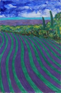 Chromatic Landscape, Lavender Fields. Mineral pigments on paper, cavansite, Malachite, azurite, sulphur yellow