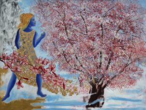 Cherry Blossom 1, Persephony returns each Spring. Natural mineral pigments, rocks, crystals, azurite, gold leaf.
