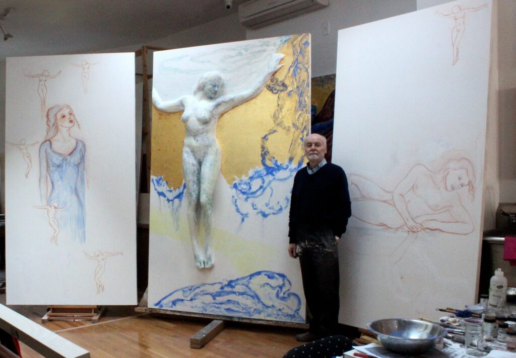 Michael Price, The Last Judgment, Echo and Narcissus, work in progress, natural mineral pigments, rocks, crystals, gold leaf