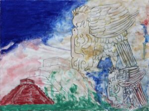 Chichén Itzá No. 3, Natural mineral pigments on arches paper, azurite, cinnabar, malachite, calcite and Roussillion ochre in casein and rabbit-skin glue on arches paper.