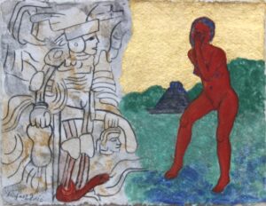 Chichen-Itza-No.-4-Eves-Mayan-Adventure, Gold leaf, mineral pigments in casein distemper on rag paper azurite, malachite cinnabar and stibnite.