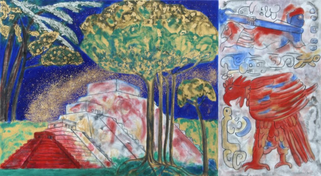 Mayan Fantasies No. 1, Centuries of Starry Nights over Chichén Itzá. Mayan Fantasies No. 1, Centuries of Starry Nights over Chichén Itzá. Diptych, Gold leaf and natural mineral pigments in resin and oil on panels, lapis lazuli, cinnabar, malachite, stibnite.