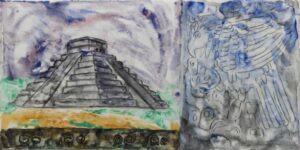Chichén Itzá No. 1, Study on arches paper with natural mineral pigments in casein distemper. lapis lazuli, stibnite, malachite.