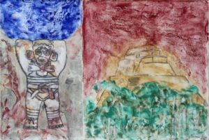 Mayan Fantasies No. 2, Uxmal. Another Atlas Holds up the Sky. Natural mineral pigments in casein distemper on arches paper.