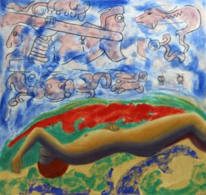 Mayan Fantasies No. 3, World's Apart, natural mineral pigments, rocks, crystals, gold leaf, lapis lazuli, malachite, cinnabar, thulite, cerussite.