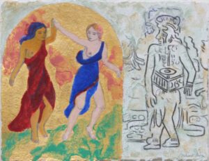 Surprise for a Mayan Deity. Gold leaf, mineral pigments in casein distemper, lapis lazuli, cinnabar, malachite, thulite, black chalk, rag paper.