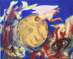 Another Dimension, natural mineral pigments on linen on panel, gold leaf, white gold, lapis lazuli, magnetite, cinnabar