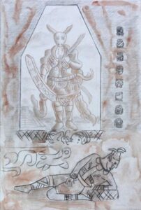 A Korean Zodiac Hare with a Fallen Mayan Warrior, silver point, red chalk on paper.