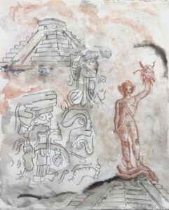Perseus and Medusa with Mayan victims, silver point, red and black chalk, ink, paper.