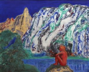 Luna Awaits Sunrise, natural mineral pigments, lais lazuli, Gold leaf, white gold, cinnabar, malachite, linen.