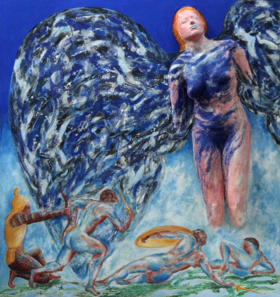A Part of Eternity No. 43 - Twenty Centuries of War. Relief painting, azurite, mineral pigments, resin and oil on linen on panel.