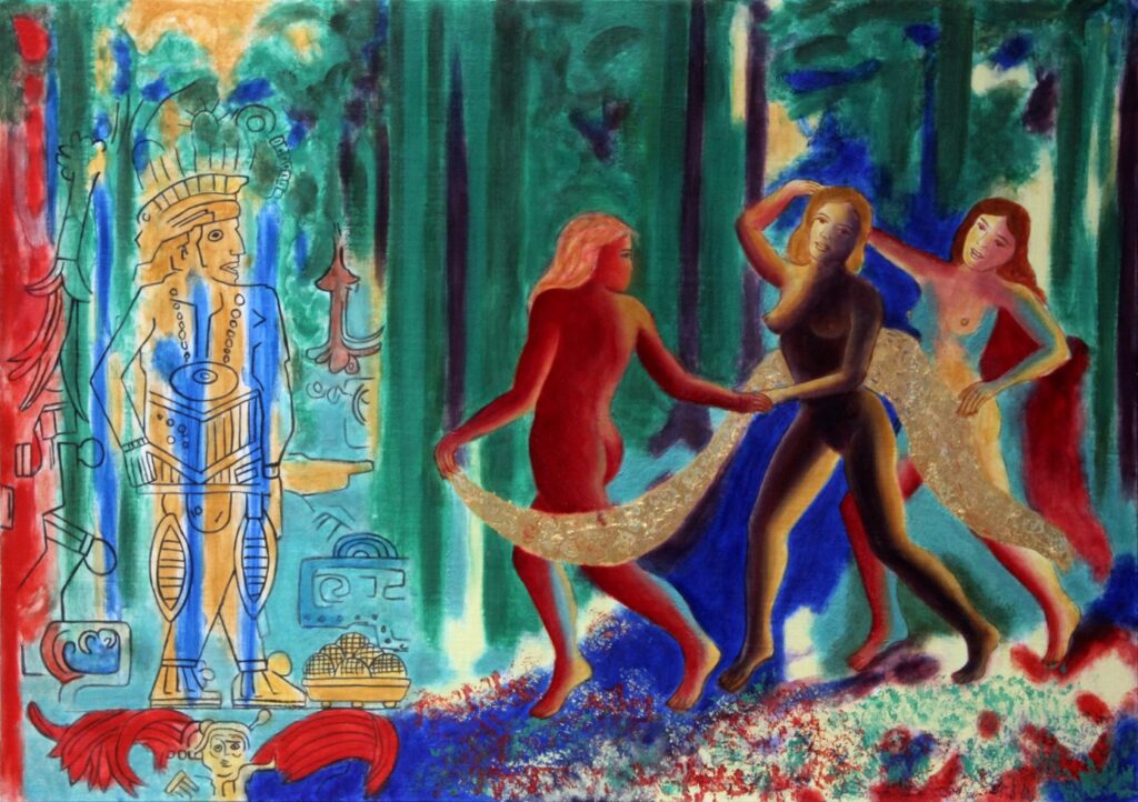 The Three Graces Mayan Adventure. 75 x 106 cm - 29.5 x 41.7 ins. 2026. The Three Graces Mayan Adventure, 2026, gold leaf, natural mineral pigments, lapis lazuli, azurite, cinnabar, turquoise, malachite, yellow ochre, resin, oil, linen, panel.