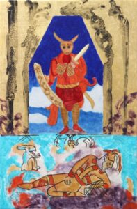 A Fallen Mayan Warrior's vision of a Korean Zodiac Hare, gold leaf, natural mineral pigments, azurite, helmet urchin purple, turquoise, cinnabar in casein, resin-oil, linen, panel.