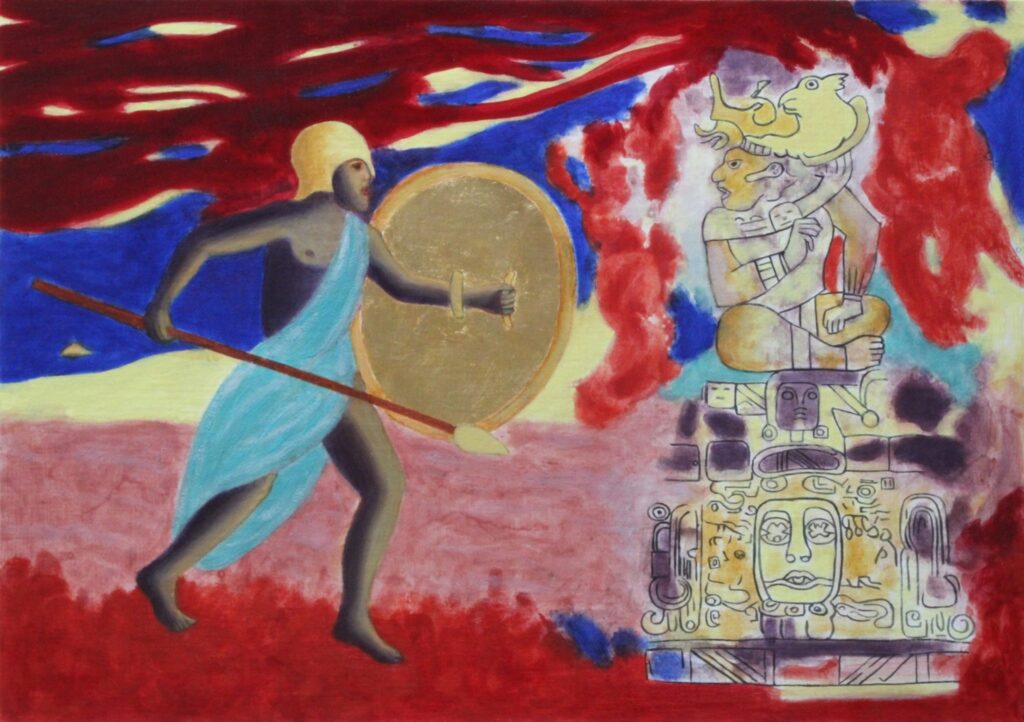 Confrontation of Archetypes. Odysseus encounters a Mayan King. Confrontation of Archetypes. Odysseus encounters a Mayan King, gold leaf, natural mineral pigments from rocks and crystals.