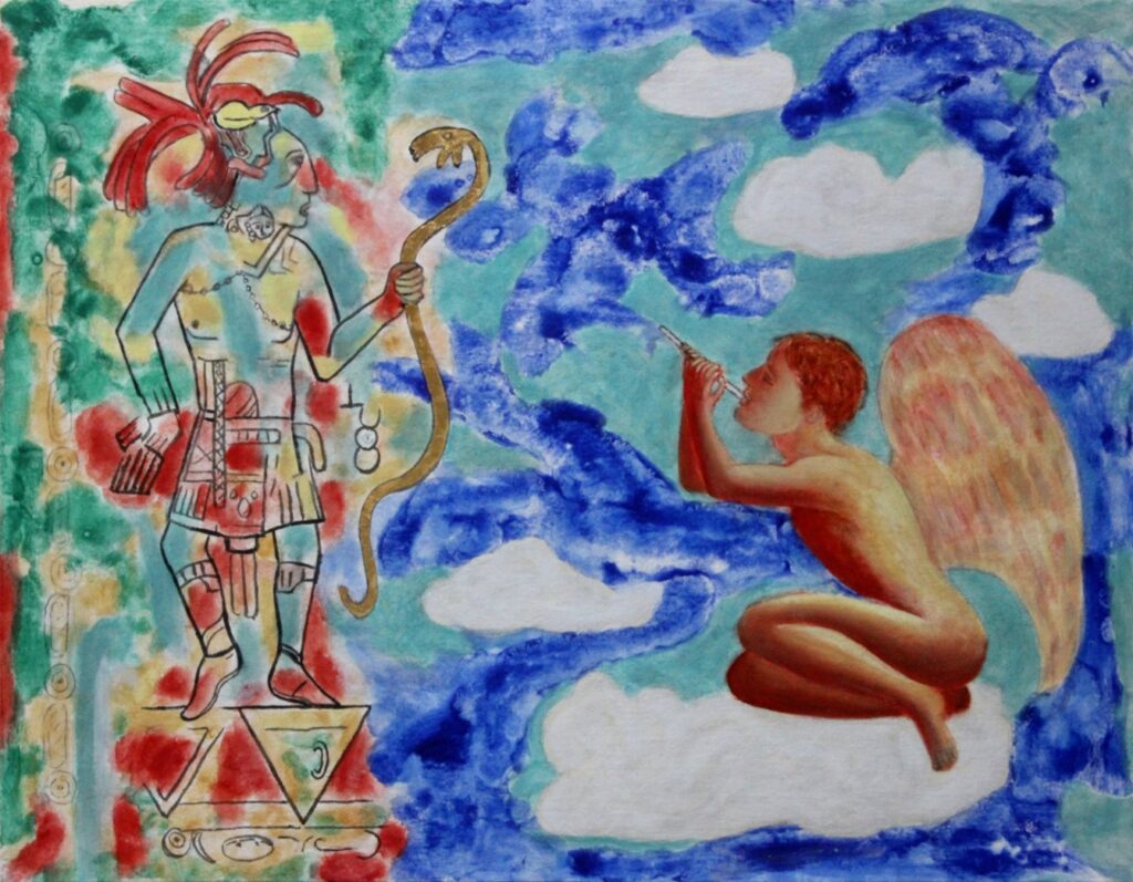 Mayan Fantasies No .8, Pakal the Great as the Maize God Dances for an Angel. 65 x 83. 5 cm. Mayan Fantasies No .8, Pakal the Great as the Maize God Dances for an Angel, natural mineral pigments, lapis lazuli, turquoise, resin oil paint, linen, panel.