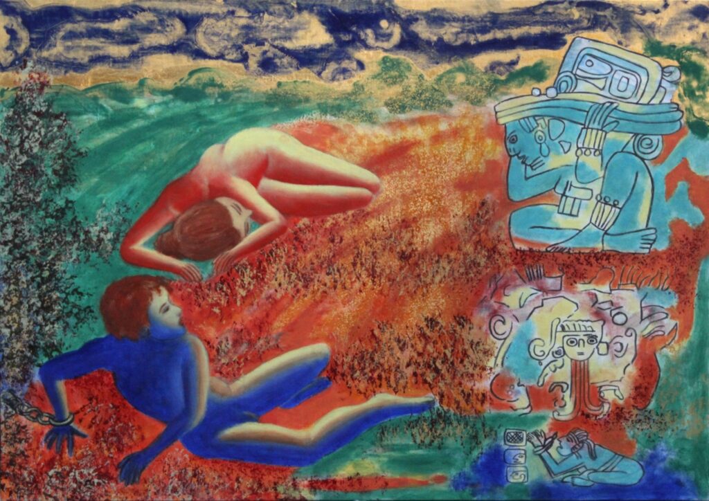 Mayan Fantasies No. 7, Captives and Slaves across Cultures. Mayan Fantasies No. 7, Captives and Slaves across Cultures natural mineral pigments, rocks, crystals, resin, oil paint, linen on panel.
